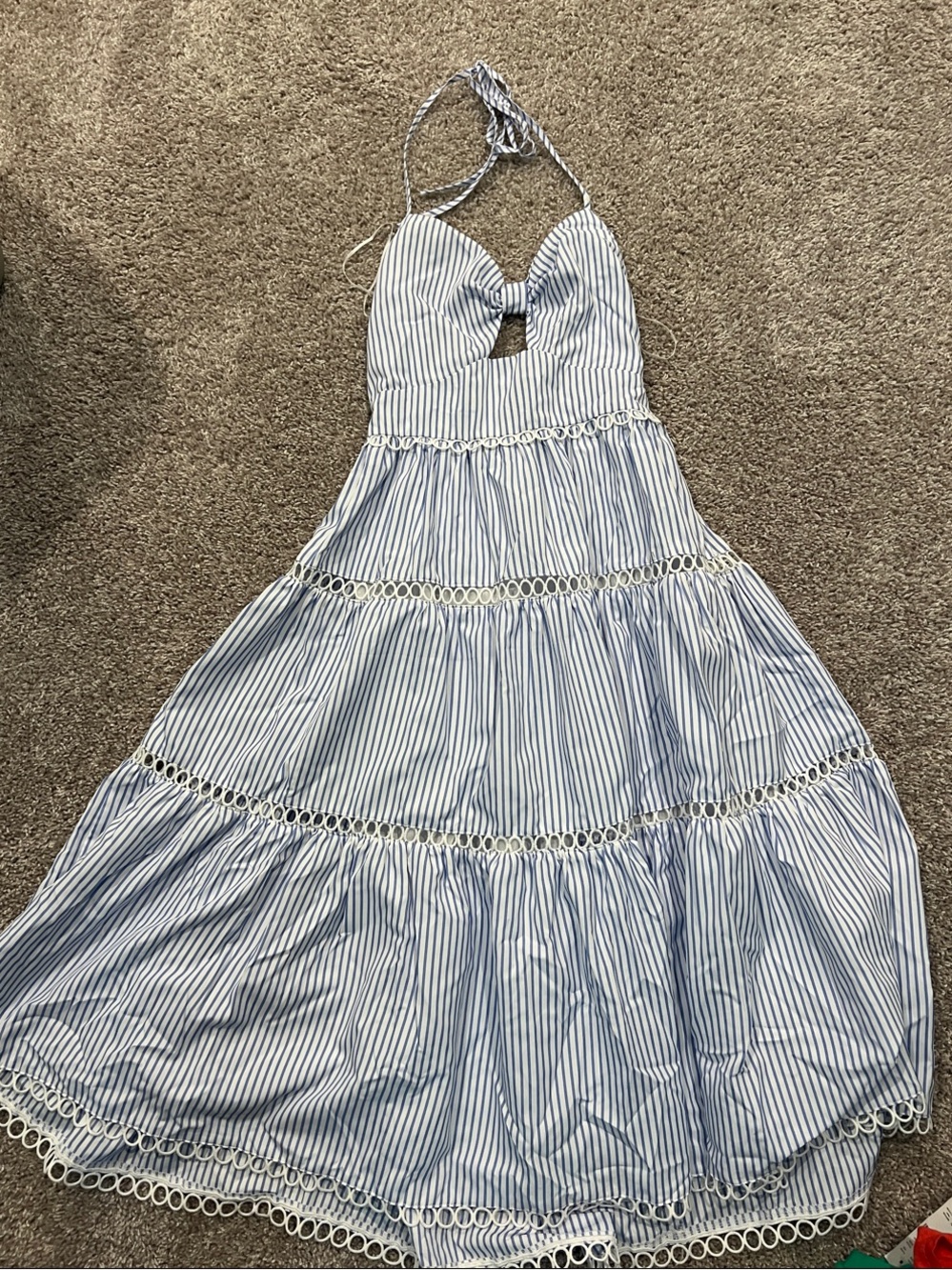 Aqua Blue & White Striped Halter Tie Midi Dress